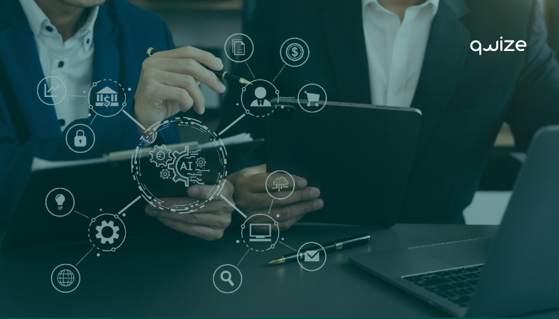 Assistente virtual holográfico em interação com dispositivos modernos de escritório, representando tecnologias emergentes no atendimento ao cliente.